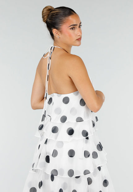NEW100626 Witte Maxi Halter Jurk met Stippen