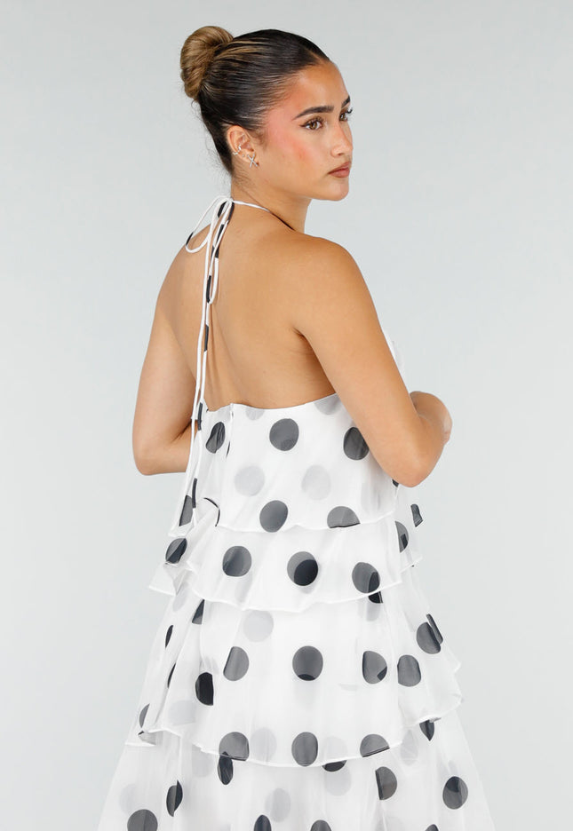 NEW100626 Witte Maxi Halter Jurk met Stippen