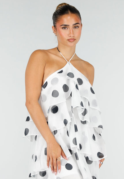 NEW100626 Witte Maxi Halter Jurk met Stippen