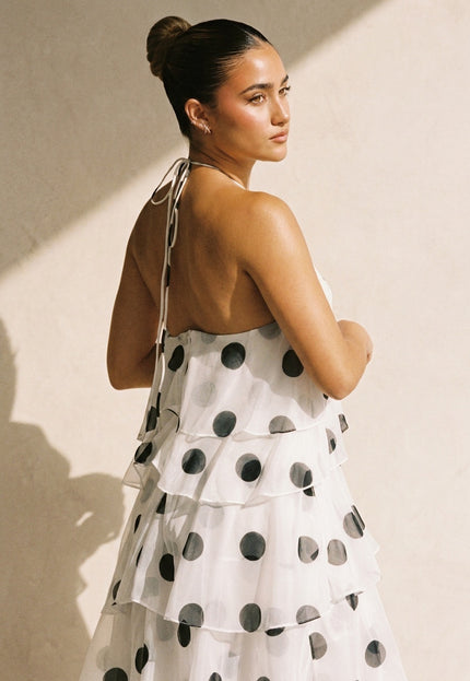 NEW100626 Witte Maxi Halter Jurk met Stippen
