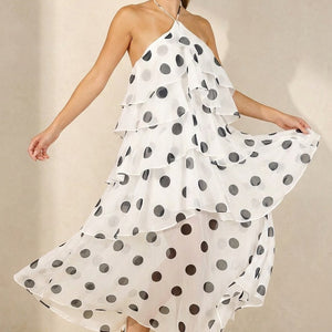 NEW100626 Witte Maxi Halter Jurk met Stippen