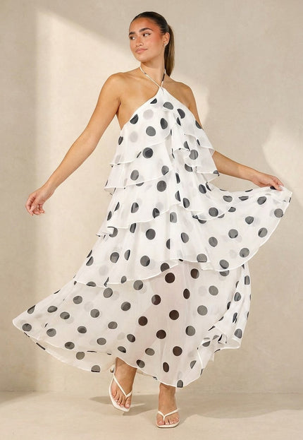 NEW100626 Witte Maxi Halter Jurk met Stippen