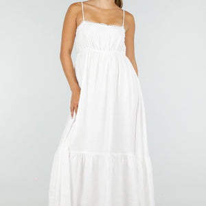 NEW100626 Witte Mousseline Maxi Jurk