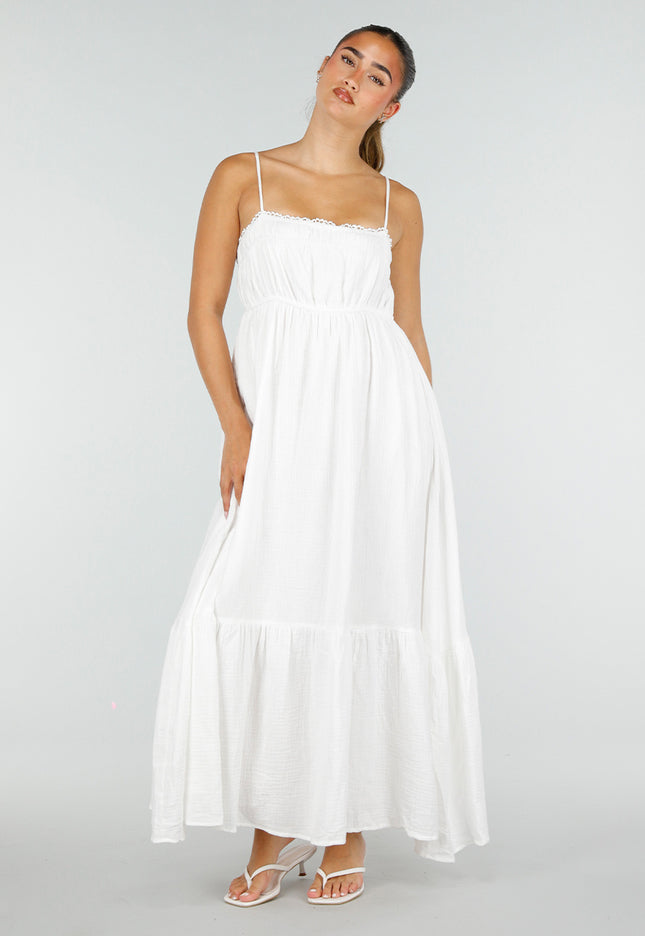 NEW100626 Witte Mousseline Maxi Jurk