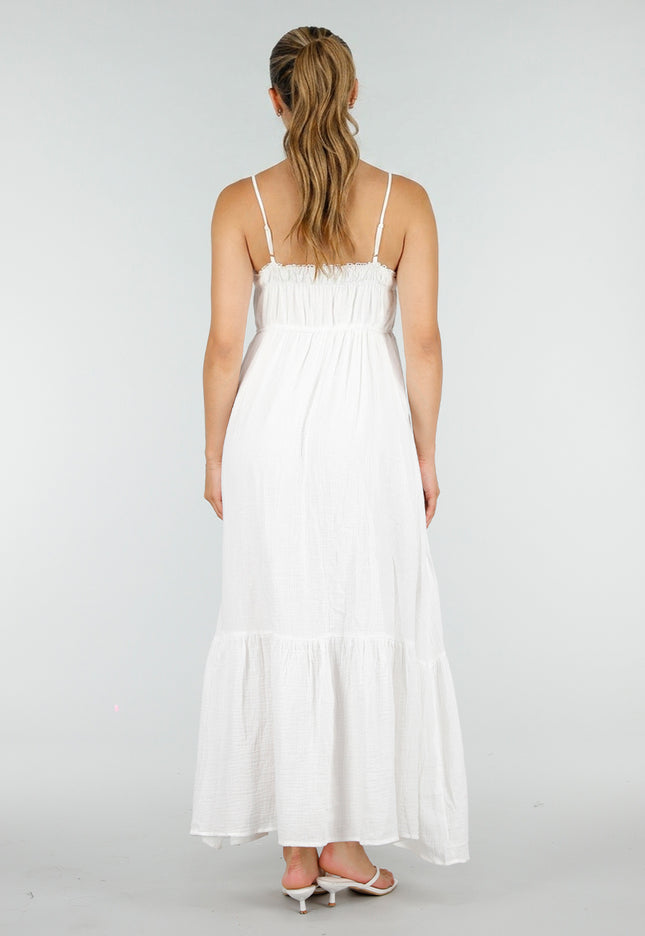 NEW100626 Witte Mousseline Maxi Jurk