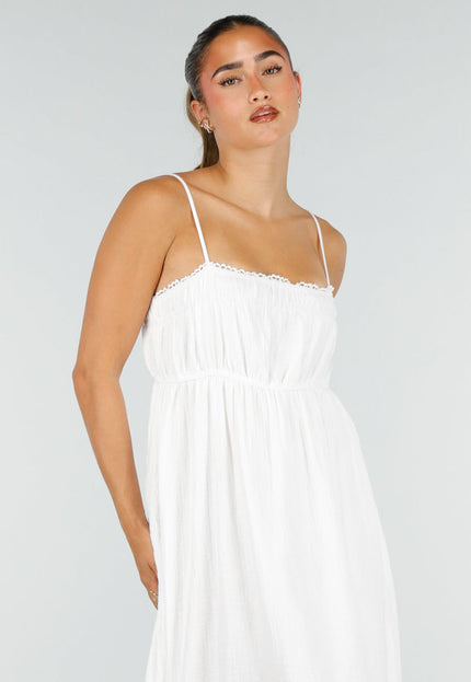NEW100626 Witte Mousseline Maxi Jurk