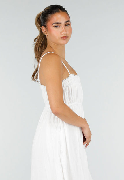 NEW100626 Witte Mousseline Maxi Jurk