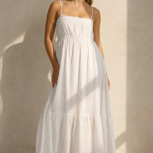 NEW100626 Witte Mousseline Maxi Jurk