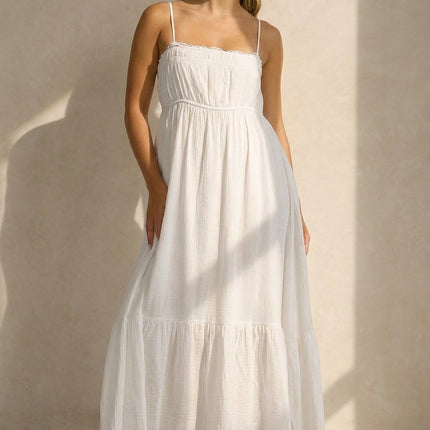 NEW100626 Witte Mousseline Maxi Jurk
