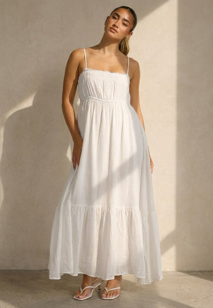 NEW100626 Witte Mousseline Maxi Jurk