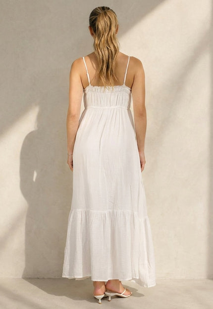 NEW100626 Witte Mousseline Maxi Jurk