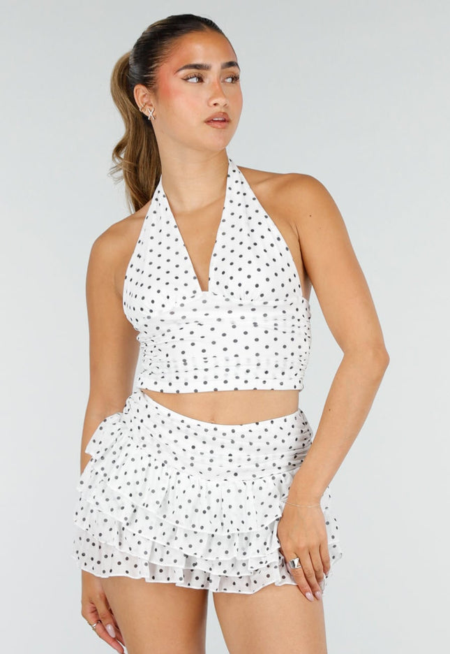 NEW100626 Witte Polkadot Halter Top en Skort Set