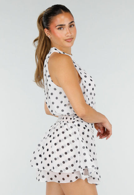 NEW100626 Witte Polkadot Playsuit met Halterhals