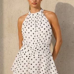 NEW100626 Witte Polkadot Playsuit met Halterhals