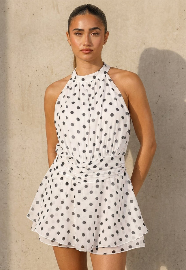 NEW100626 Witte Polkadot Playsuit met Halterhals