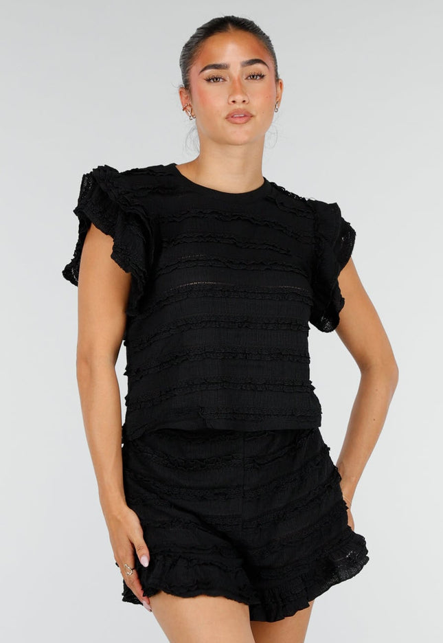 NEW100626 Zwarte Gehaakte Ruffle Co-ord Set