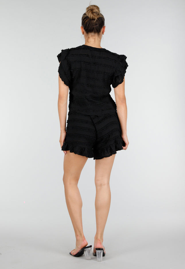 NEW100626 Zwarte Gehaakte Ruffle Co-ord Set