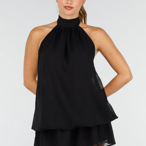 NEW100626 Zwarte Halter Mini Jurk met Open Rug