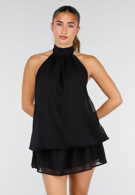 NEW100626 Zwarte Halter Mini Jurk met Open Rug