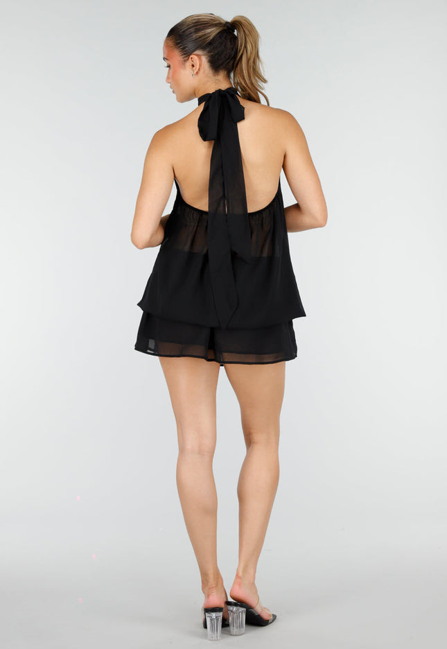 NEW100626 Zwarte Halter Mini Jurk met Open Rug
