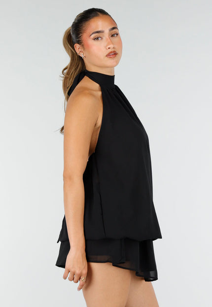 NEW100626 Zwarte Halter Mini Jurk met Open Rug