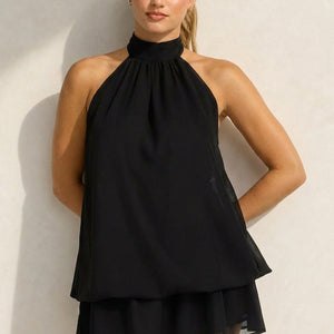 NEW100626 Zwarte Halter Mini Jurk met Open Rug
