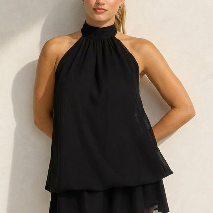 NEW100626 Zwarte Halter Mini Jurk met Open Rug