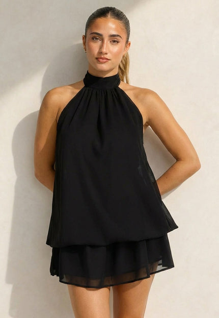 NEW100626 Zwarte Halter Mini Jurk met Open Rug