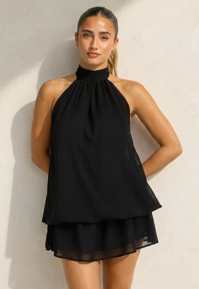 NEW100626 Zwarte Halter Mini Jurk met Open Rug
