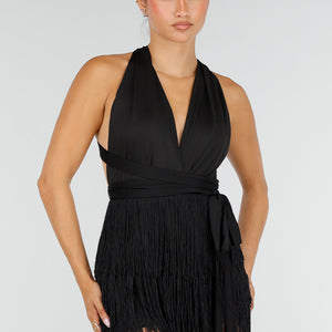 NEW100626 Zwarte Halter Playsuit met Franjes