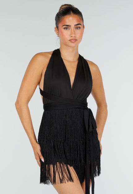 NEW100626 Zwarte Halter Playsuit met Franjes