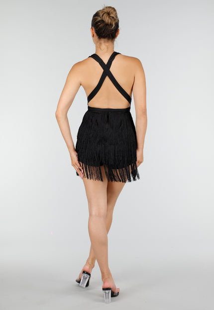 NEW100626 Zwarte Halter Playsuit met Franjes