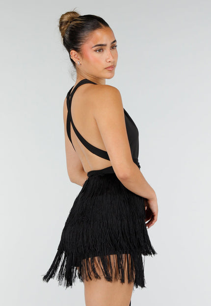 NEW100626 Zwarte Halter Playsuit met Franjes