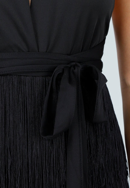NEW100626 Zwarte Halter Playsuit met Franjes