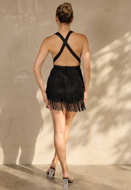 NEW100626 Zwarte Halter Playsuit met Franjes