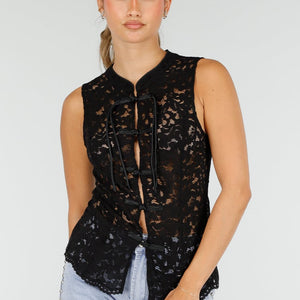 NEW100626 Zwarte Kanten Mouwloze Top
