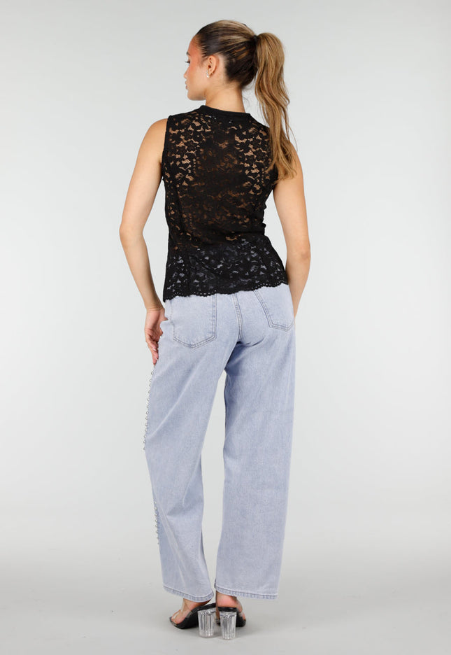 NEW100626 Zwarte Kanten Mouwloze Top