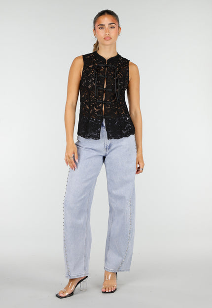 NEW100626 Zwarte Kanten Mouwloze Top