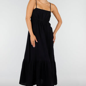 NEW100626 Zwarte Mousseline Maxi Jurk