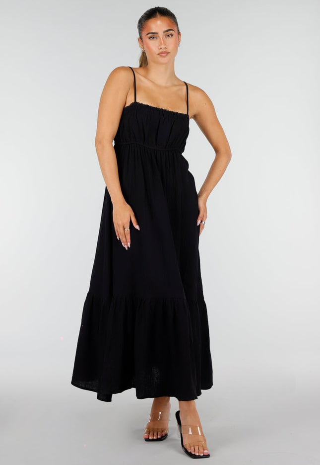 NEW100626 Zwarte Mousseline Maxi Jurk