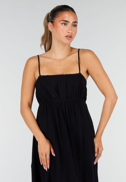 NEW100626 Zwarte Mousseline Maxi Jurk
