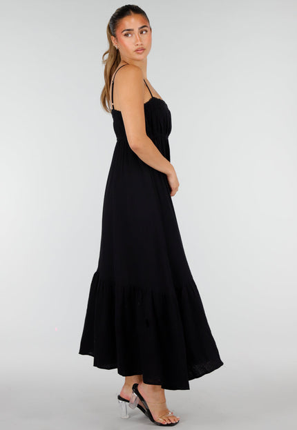 NEW100626 Zwarte Mousseline Maxi Jurk
