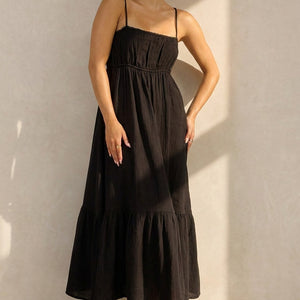 NEW100626 Zwarte Mousseline Maxi Jurk