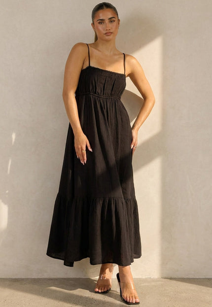 NEW100626 Zwarte Mousseline Maxi Jurk