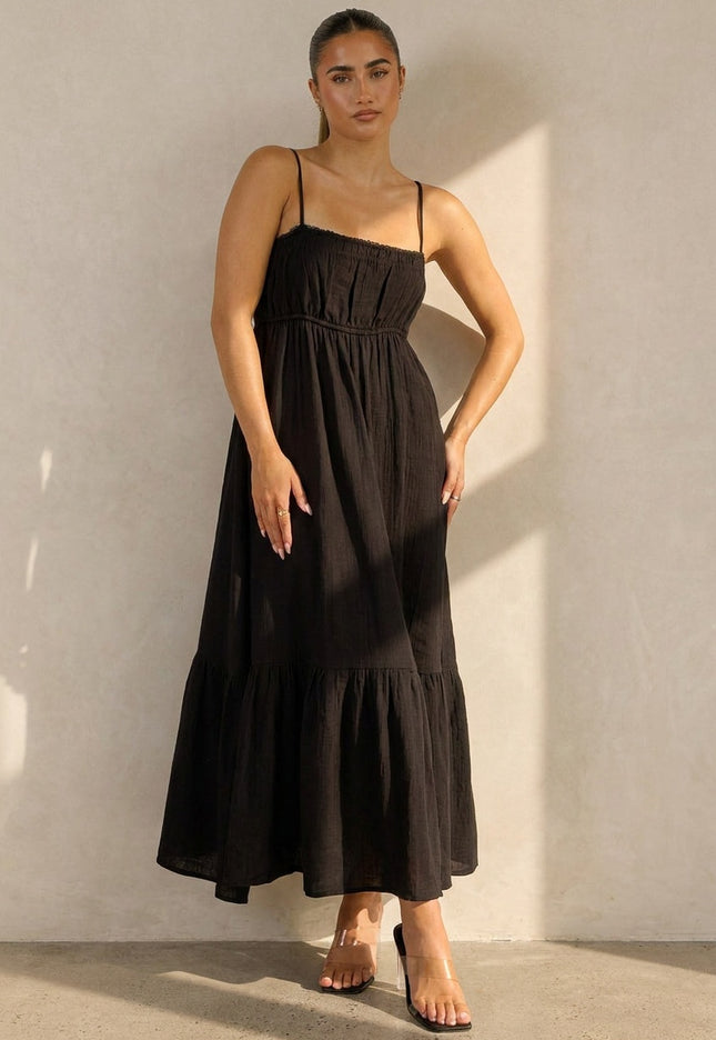 NEW100626 Zwarte Mousseline Maxi Jurk