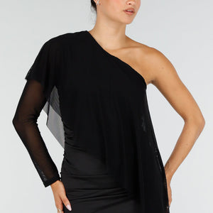 NEW100626 Zwarte One Shoulder Mini Jurk met Mesh
