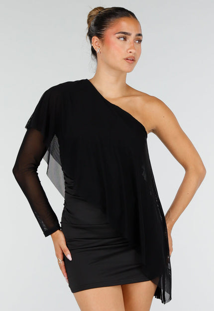 NEW100626 Zwarte One Shoulder Mini Jurk met Mesh