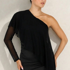 NEW100626 Zwarte One Shoulder Mini Jurk met Mesh