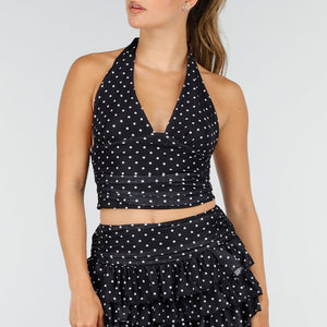 NEW100626 Zwarte Polkadot Halter Top en Skort Set