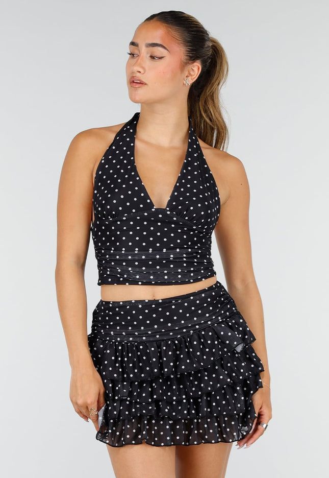 NEW100626 Zwarte Polkadot Halter Top en Skort Set